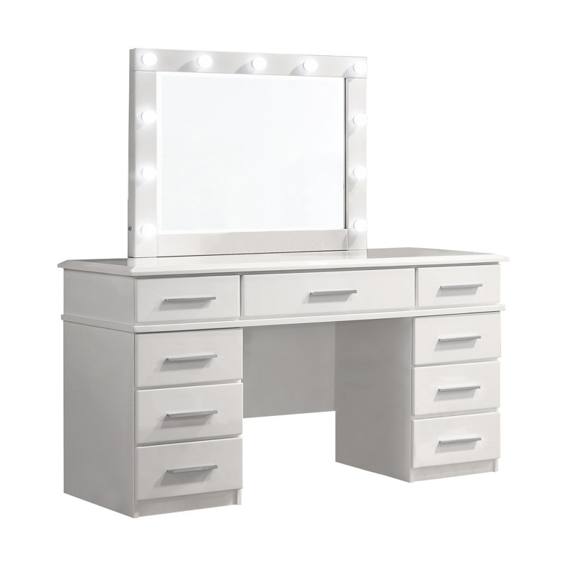 Bureau de coiffeuse à 9 tiroirs avec miroir lumineux blanc brillant Vyara