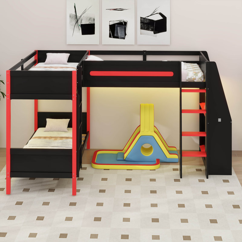 Lit superposé triple en L avec bureau, lit mezzanine simple en forme de L avec lumières DEL, tablettes de rangement, lit superposé triple en bois