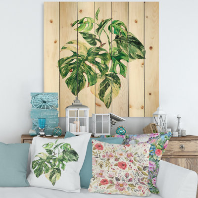 Feuilles vertes tropicales en été I - impression tropicale sur bois de pin naturel
