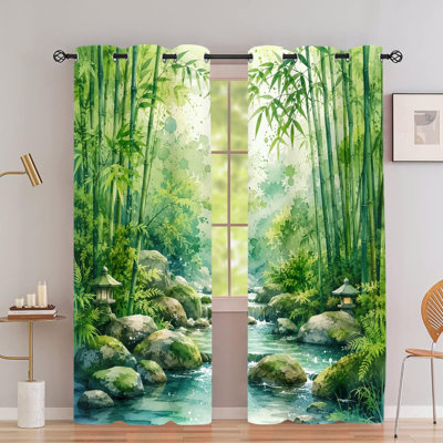 2PCS Grommet Top Watercolor Bamboo Forest Landscape Printed Curtain Drapes, Thermal Insulated Heat Blocking Noise Reducing Blackout Room Darkening Curtains with Privacy Protection, Indoor Window Panels for Bedroom Living Room Kitchen Home Decor