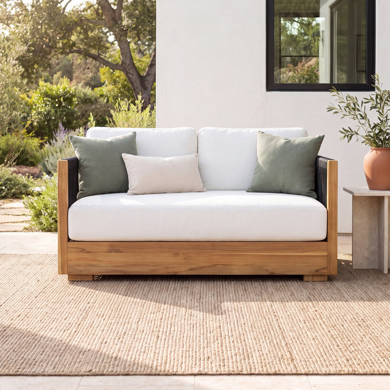 Aniston 59" Wide Teak Loveseat Sofa with Sunbrella Cushions