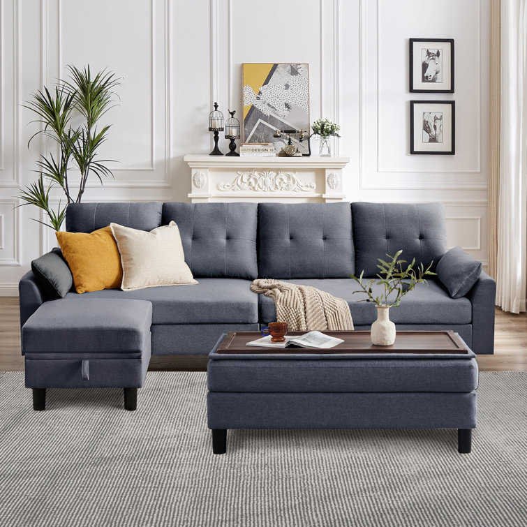 102.4" Wide Sofa with Storage Ottoman and Long Bench with Coffee Table