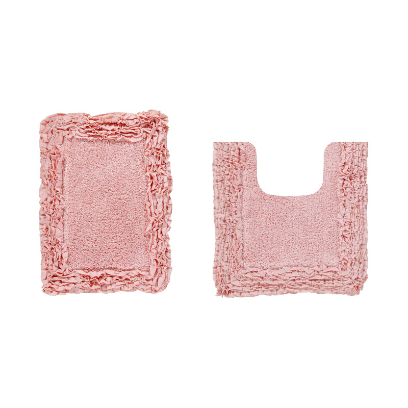 Ensemble de tapis de bain 100% coton 1775 g / m² 2 pièces Courson, certifié OEKO-TEX®, envers en latex antidérapant, motif de volants touffetés moelleux, super absorbant, tapis de salle de bain lavables à la machine, rose
