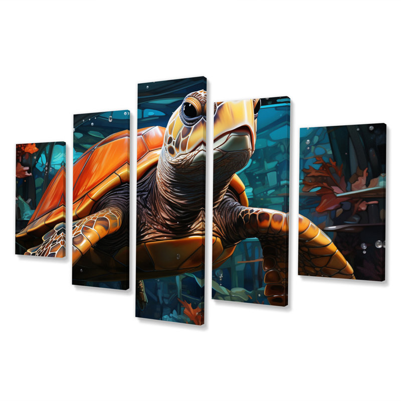 Tortue voyage floral géométrique - animaux, reproduction d'art murale - 5 panneaux