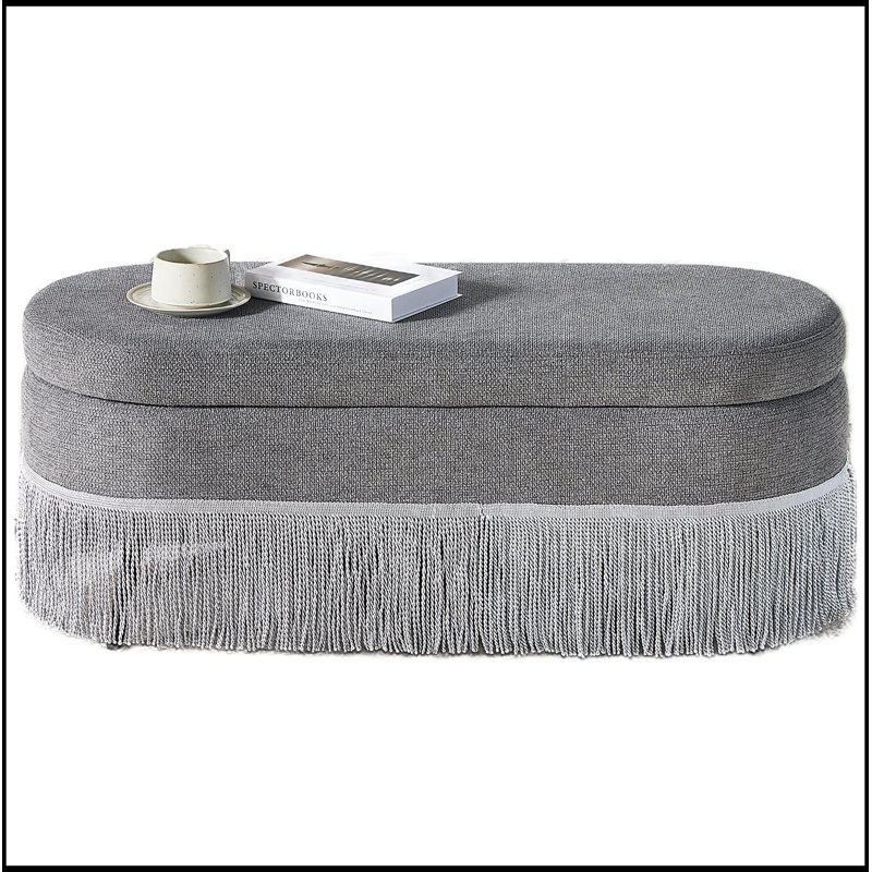 Banc ovale rembourré avec rangement rabattable et pieds robustes, Gris