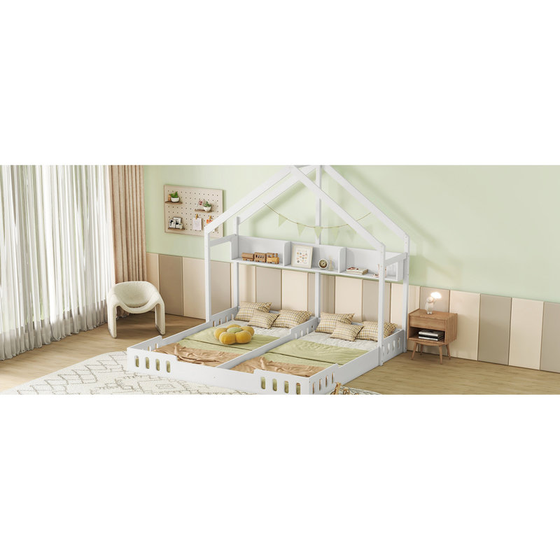 Twin Size Platform Beds In Creamy White With Guardrail And Shelf Storage Useful Designs