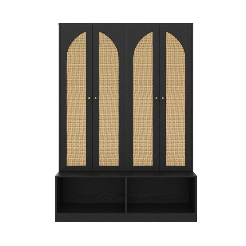 Farmhouse Hall Tree with Rattan Doors, Versatile 4-In-1 Seating Bench with 6 Hooks, Mid-Century Entryway Shoe Cabinet with Shelf