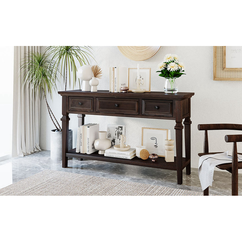 Console de style rétro classique avec trois tiroirs supérieurs et tablette inférieure ouverte, Espresso