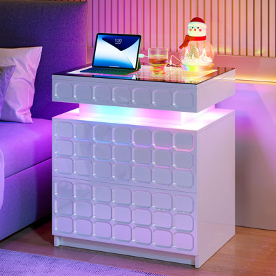 50cm W Bedside Table with 3D Mirror Abyss and Sensor RGB Lighting, 2-Drawer Bedside Table with Hidden Storage And Lockable