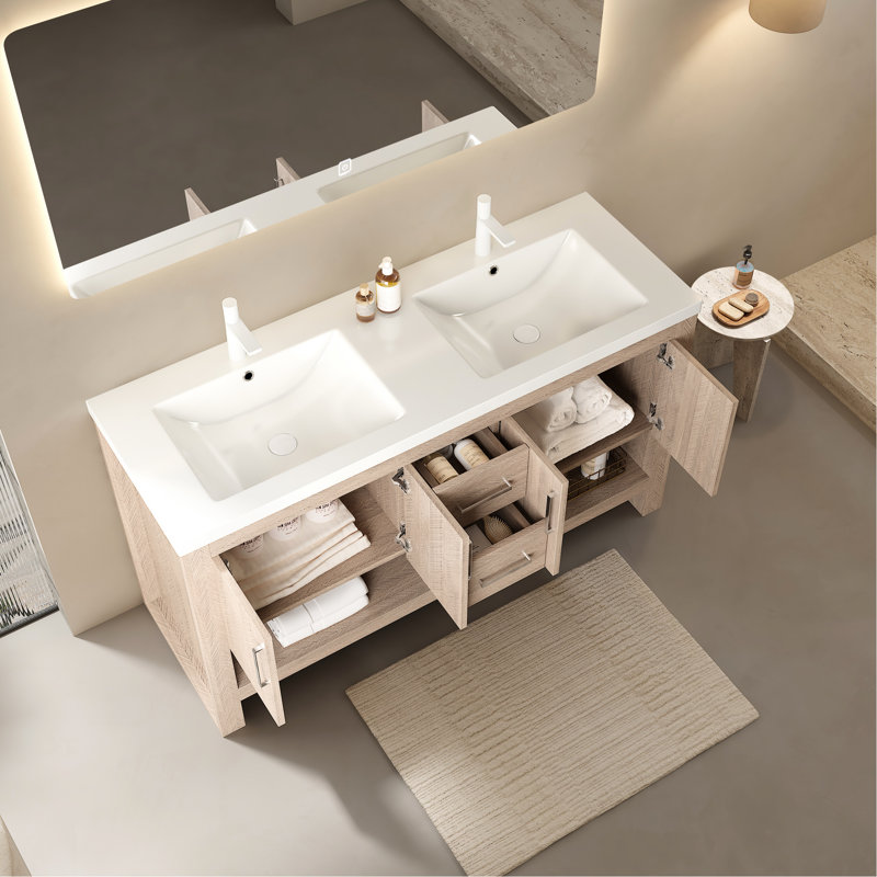 Lavabo de salle de bain en acrylique blanc de 60 po sans armoire, moulure une pièce sous le comptoir, surface d'usure, égratignure, robinet simple pré-percé, fonction de trop-plein 60 po avec lavabo, installation encastrée,