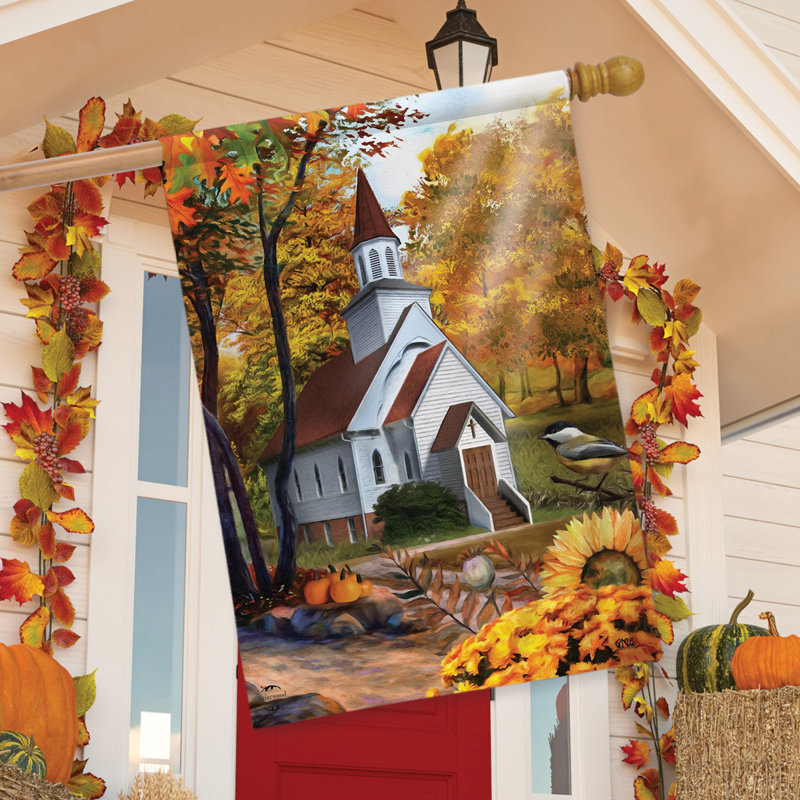 Drapeau de maison Autumn Church Sunset 28x40