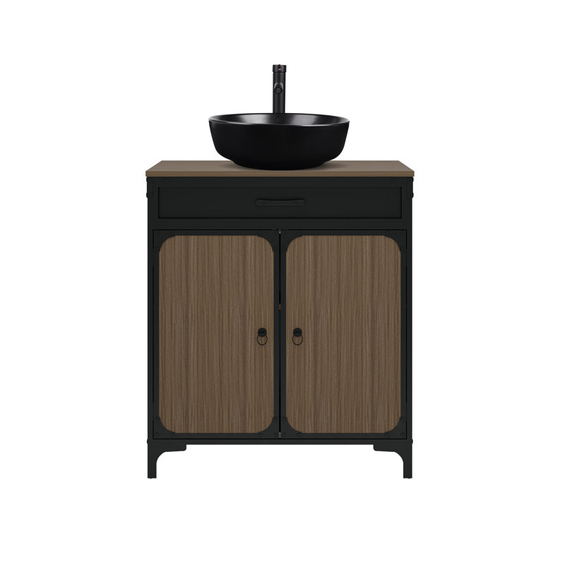 Meuble-lavabo sur pied simple 30 po avec comptoir en bois manufacturé avec lavabo et robinet, Noir / blanc