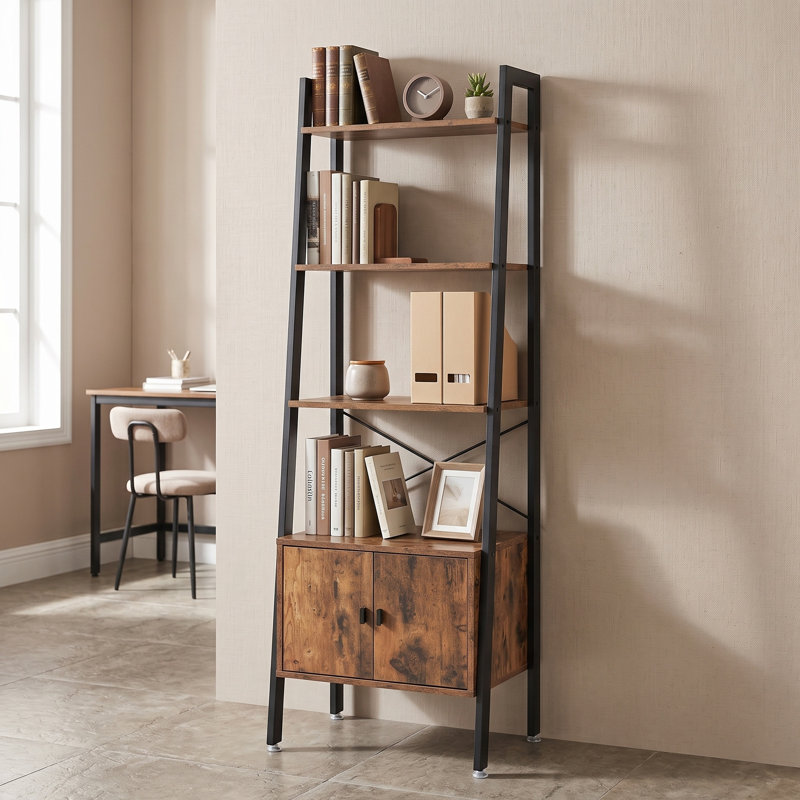 Galilea 137.5cm H x 56cm W Steel Ladder Bookcase, Rustic Brown