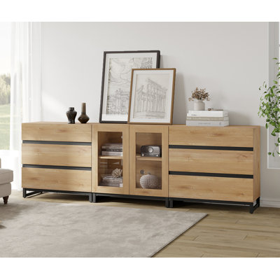 3 In 1 Multifunctional Dresser With Glass Doors And 6 Drawers, Modern Chest Of Drawers With Adjustable Shelf And Metal Base, Closet Organizers And Sto