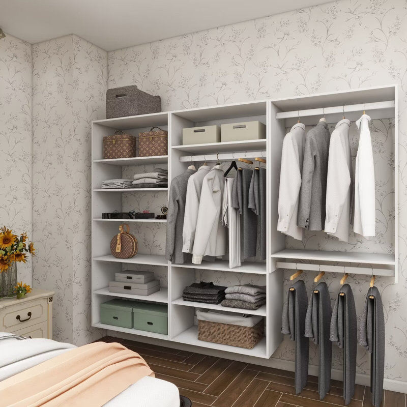 Système d'organisation modulaire blanc avec 3 tringles et 9 tablettes