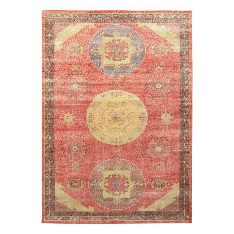Distressed Homage Hand Knotted Wool Floral Area Rug in Red, Beige, Blue, Gold, Rectangle 12' x 18'