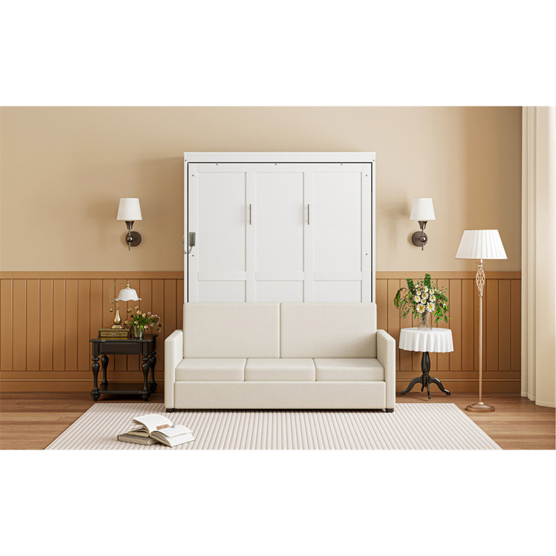 Lit escamotable double pleine grandeur avec coussin, blanc