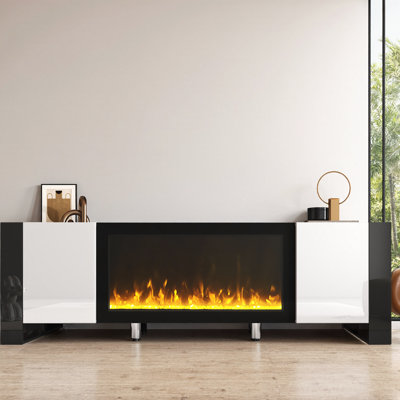 Modern TV Stand with Electric Fireplace – Elegant 34.2" Flame Effect Media Console for TVs up to 78", Black High Gloss Entertainment Center with Storage