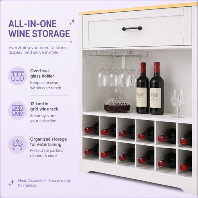 Table de bar extensible UNAROZ avec roulettes, prise électrique et rangement pour bouteilles de vin