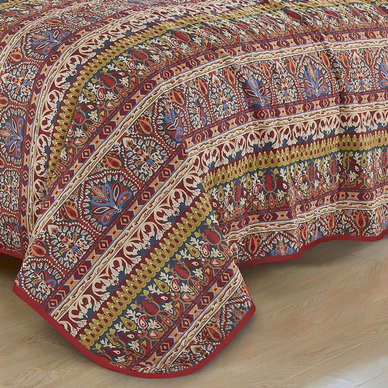 Ensemble de couvre-lit matelassé réversible 3 pièces Red Boho, Grand couvre-lit + 2 taies d'oreiller standard