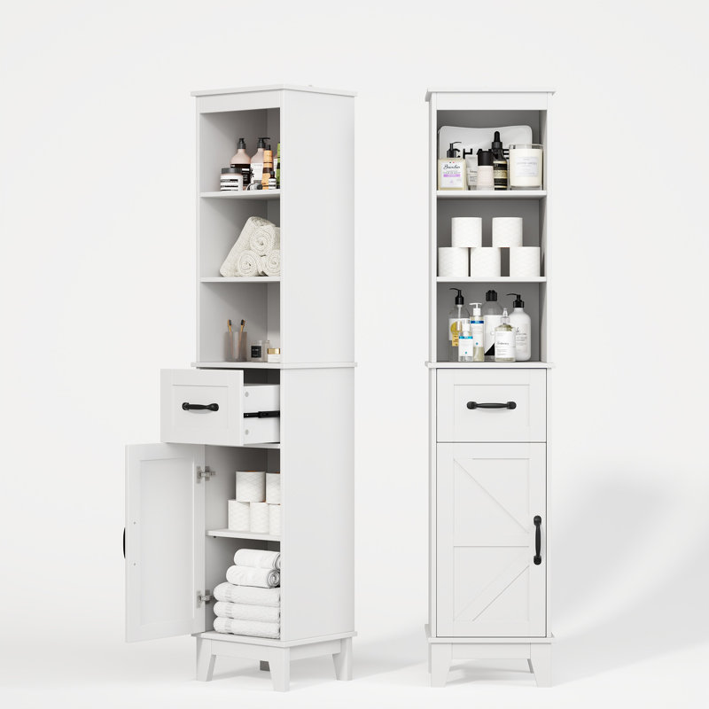 Armoire de rangement haute style ferme pour linge de maison, meuble de salle de bain autoportant avec étagères ouvertes, tiroir et porte, design épuré