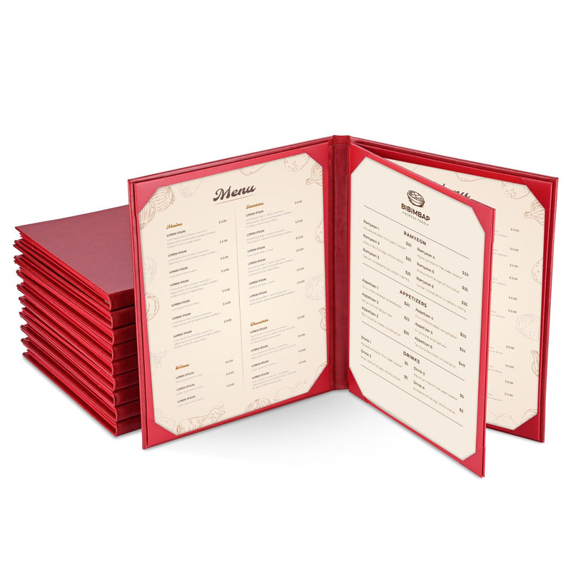 Paquet de 10 pochettes de menu WeChef 8,5 po x 11 po 4 portes en cuir de style livre avec un coin extérieur d'albums et de cafétérias (bourgogne)