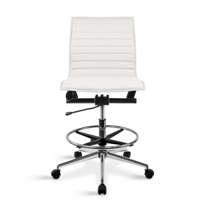 Modern Drafting Chair | Upholstered PU Leather Ribbed Armless Mid Back with Tall Adjustable Base & Leg Rest | Tilt Lock, Swivel | Computer, Home, Exec by Latitude Run