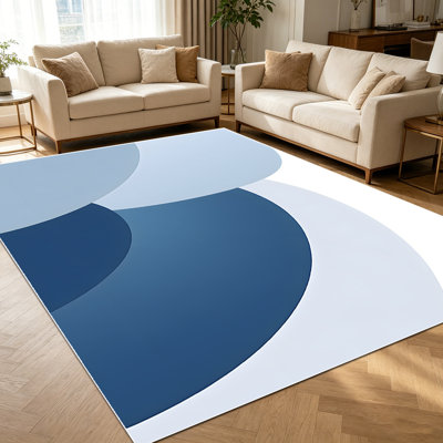 Tapis géométriques abstraits en demi-cercle bleu et blanc cassé de 1 pièce modernes pour le salon, doux et confortables, adaptés à toutes les saisons, faciles à entretenir, lavables à la machine, tapis de ferme sous la table convenant à la table à manger, à la chambre à coucher,