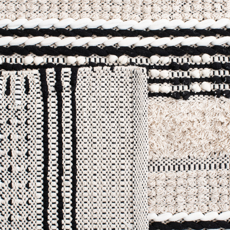 Alva Striped Handwoven Cotton Area Rug in Beige/Black, Square 6'