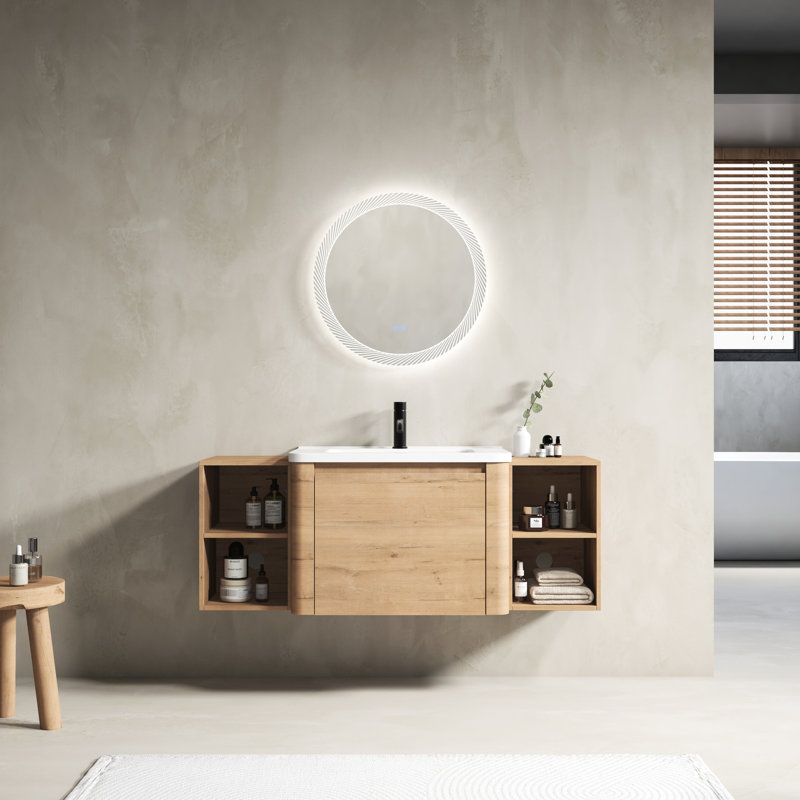 Meuble-lavabo mural 52 po avec lavabo en céramique blanche, tablettes de rangement, bords arrondis et charnières à fermeture douce, surface de lavabo facile à nettoyer