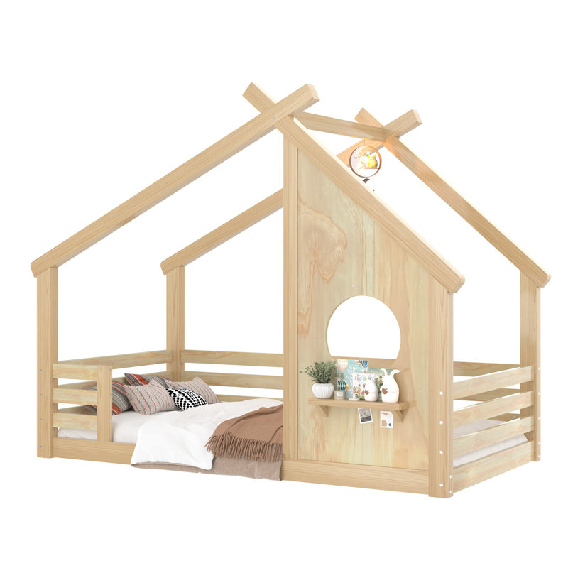 Lit de maison avec fenêtre et petite tablette, lit de plancher avec toit en forme de maison, sans sommier, Lit simple
