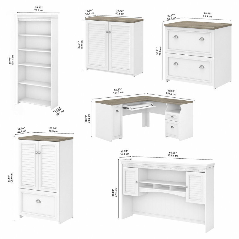 Huckins 5 Piece Computer Desk Office Set, Pure White/Shiplap Gray