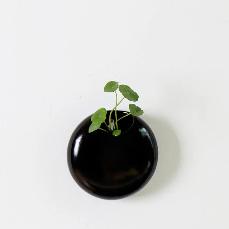 Porcelain Round Wall Hanging Vase for Floral Arrangements, Glazed Finish, Black