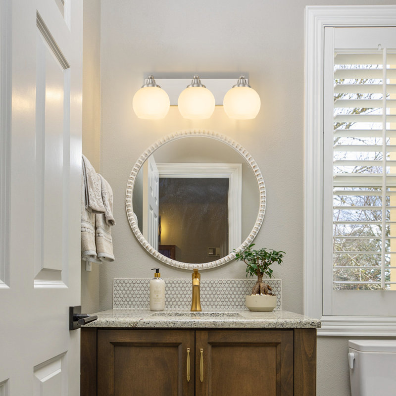 Meuble-lavabo de salle de bain 3 lumières à finition chromée nickel brossé avec verre blanc, Nickel brossé, Blanc