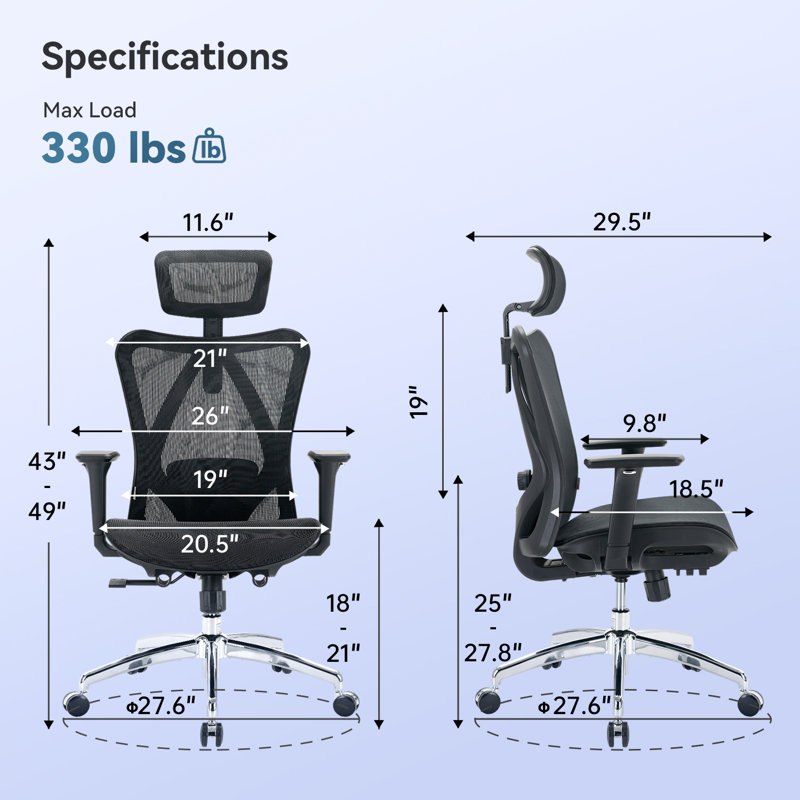 Fauteuil de travail ergonomique à dossier haut en maille, grand et grand, confortable et confortable pour 300 lb, Noir