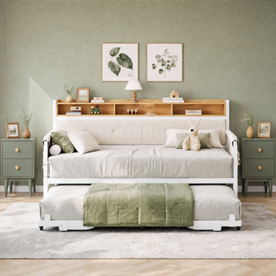 Upholstered Daybed with Trundle, Storage Headboard and Charging Station