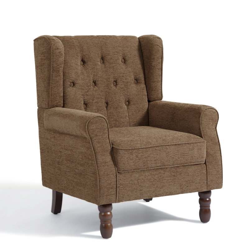 Duward 74Cm Wide Tufted Wingback Armchair with Solid Wood Legs, Brown Polyester Blend