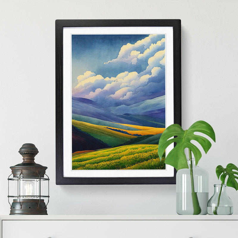 Spring Landscape Watercolour - Single Picture Frame Painting, 46cm H x 34cm W x 2cm D, Walnut