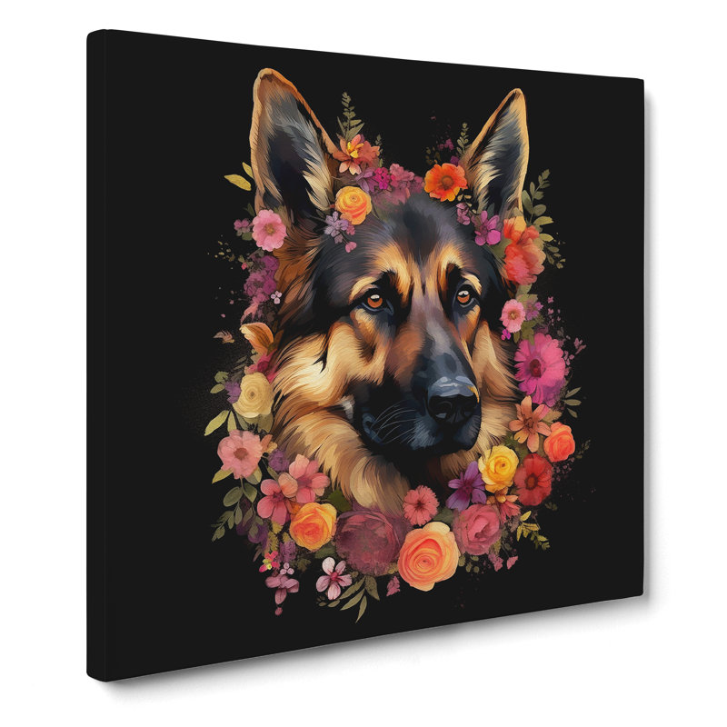 German Shepherd Floral - Wrapped Canvas, 50cm H x 50cm W x 3cm D