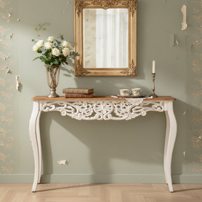 Table de canapé rectangulaire en bois blanche de 43,3 pouces avec sculptures d'artisan uniques