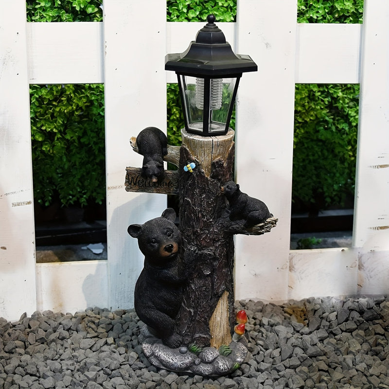 Statue d'ours noir, signe de bienvenue statue de jardin avec lumière solaire, sculptures de jardin