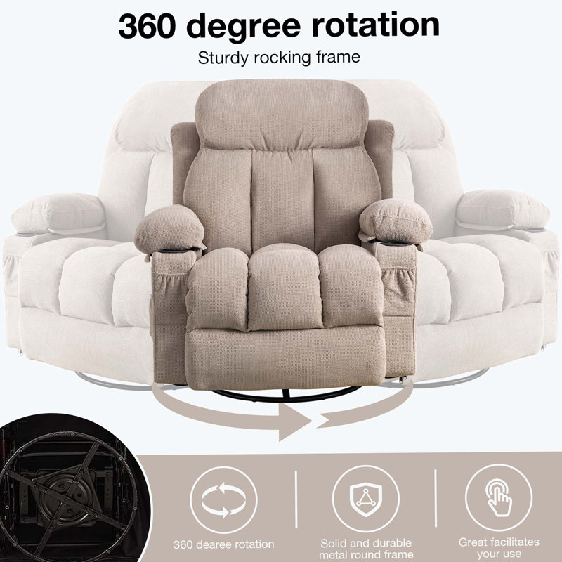 Swinging recliner massage heated sofa, with USB and 2 cup holders in side pockets, Brown