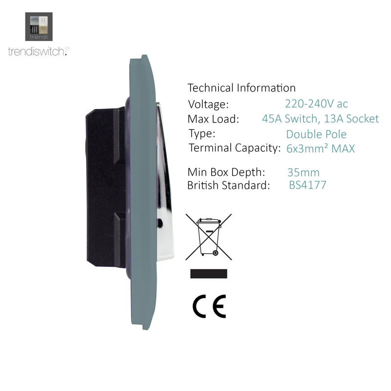 Trendi Switch 45 Amp Cooker Switch & 13 Amp Plug Socket with Neon, Cool Grey