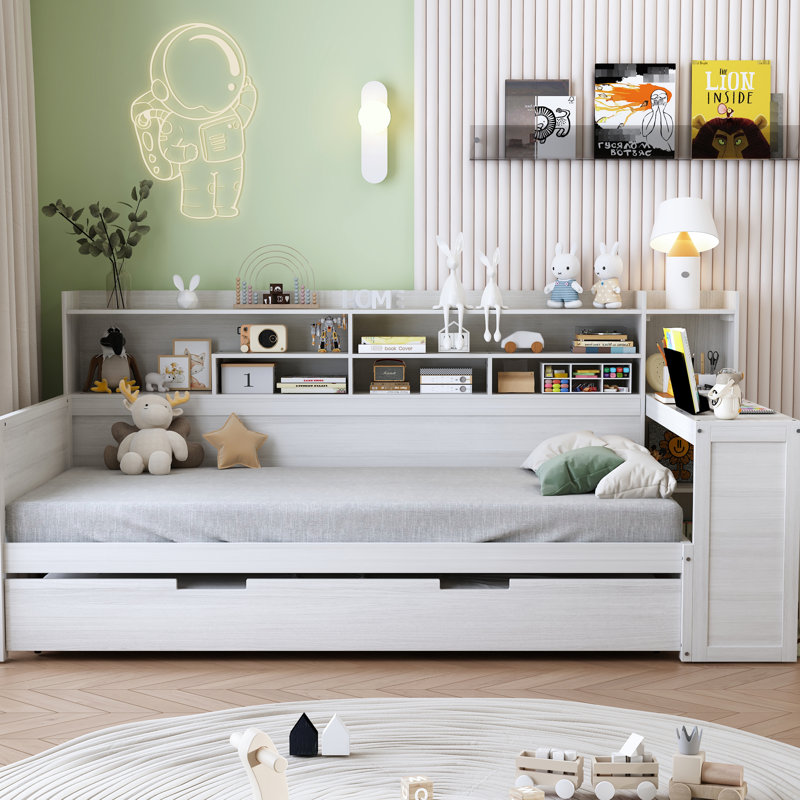 Lit de jour simple blanc antique avec rangement fonctionnel et bureau en bois, Lit simple, Blanc antique