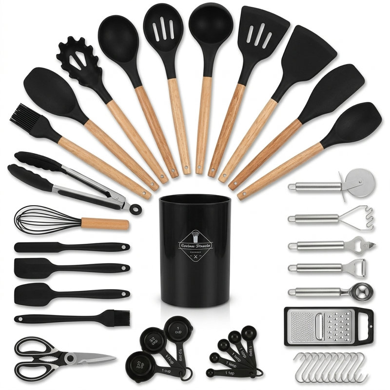 Ensemble d'ustensiles de cuisine 44 pièces en silicone avec support, spatule antiadhésive résistante à la chaleur et outils pour gadgets avec poignées en bois, noir