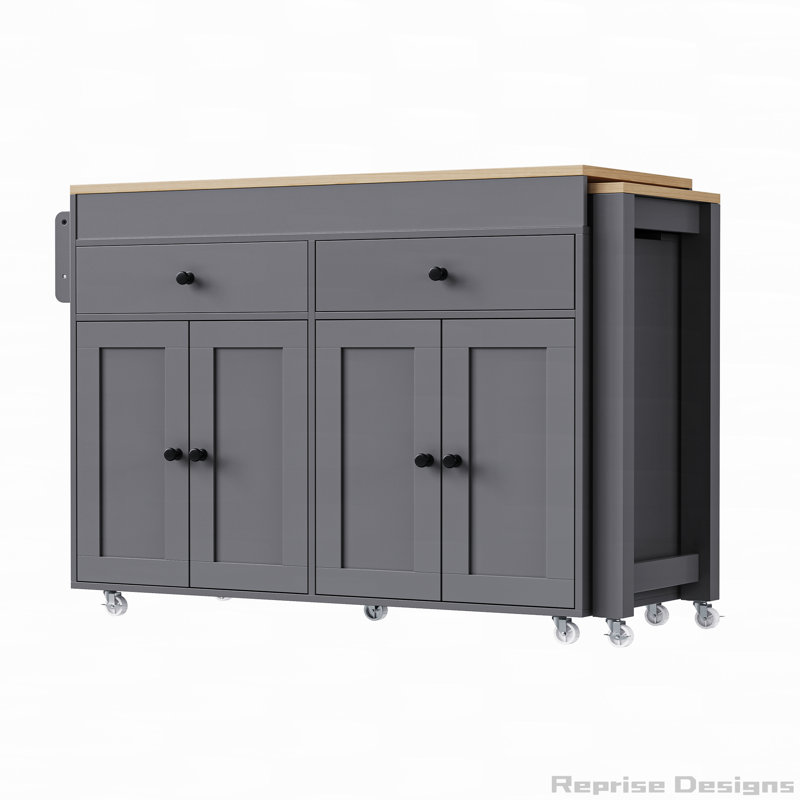Rolling Kitchen Island with Extendable Dining Table with Spice Rack and 2 Drawers, Grey