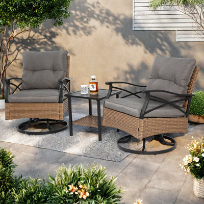 Ensemble de chaises berçantes pivotantes d'extérieur 3 pièces avec 1 table et 2 chaises berçantes
