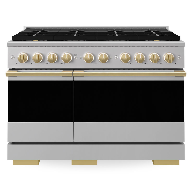 ZLINE Autograph 48 in. Marino Dual Fuel Range with 8 Burner DuoPro Cooktop and Black Accents, Stainless Steel, Polished Gold
