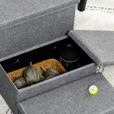 Gris 3 escaliers pour animaux avec rangement. Convient aux animaux de compagnie âgés et avec facultés affaiblies. Solide. Dessus amovible pour un rangement efficace des couvertures. Permet aux animaux de compagnie d'atteindre facilement des endroits plus élevés, en gris.