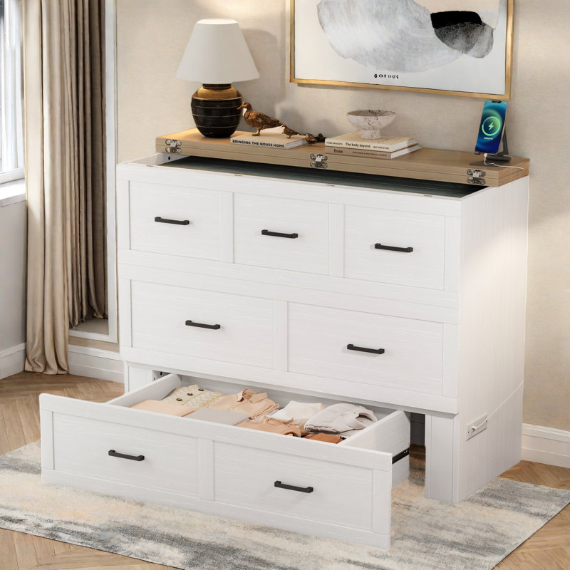 Multi-functional Foldable Murphy Bed  With Charging Station And 1 Large Storage Drawer, White, Full